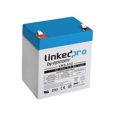 Batería 12 V | 5.5 Ah | UL | Vida útil promedio 5 años | Tecnología AGM | Para uso en equipo electrónico, Alarmas de Intrusión | Incendio| Control de acceso | Video Vigilancia | Terminales F1 ( Incluye adaptador F - LINKEDPRO BY EPCOM
