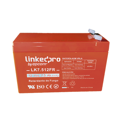 Batería 12 V | 7.5 Ah | UL | Tecnología AGM | Vida útil promedio de 5 años | Retardante a la Flama | Para equipo electrónico, Alarmas de Intrusión | Incendio| Control de acceso | Video Vigilancia | Incluye adaptad - LINKEDPRO BY EPCOM