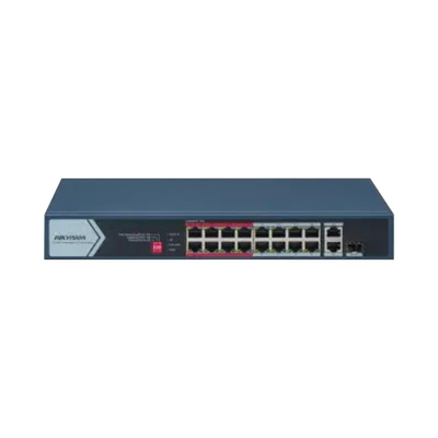 Switch PoE+ | No Administrable | 16 Puertos 10|100 Mbps PoE+ | 2 Puertos 1000 Mbps Uplink | 1 Puerto SFP Uplink | Modo Extendido hasta 300 Metros | 130 W