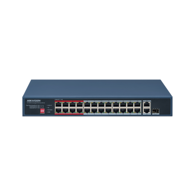 Switch PoE+ | No Administrable | 24 Puertos 10|100 Mbps PoE+ | 2 Puertos 1000 Mbps Uplink | 1 Puerto SFP Uplink | Modo Extendido hasta 300 Metros | 230 W