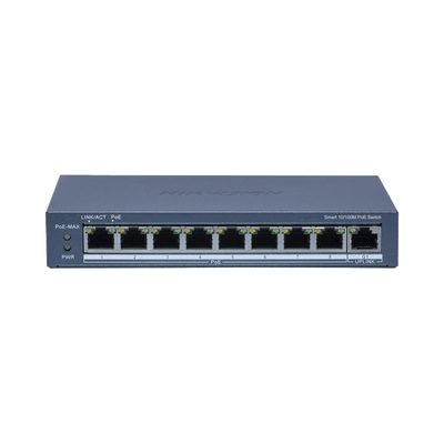 Switch PoE+ | Monitoreable | 8 Puertos 10|100 Mbps PoE+ | 1 Puerto 1000 Mbps de Uplink | Configuración Nube Hik-PartnerPro | Modo Extendido hasta 300 Metros | 110 W