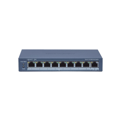 Switch Administrable PoE+ | 8 puertos 100 Mbps PoE+ | 1 puerto 1000 Mbps de Uplink | PoE hasta 300 Metros | Conexión Remota desde Hik-ParnerPro | 110 W