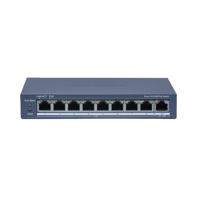 Switch PoE+ | Monitoreable | 8 Puertos 10|100 Mbps PoE+ | 1 Puerto 1000 Mbps Uplink | Configuración Nube Hik-Partner Pro | Modo Extendido hasta 300 metros | 60 W