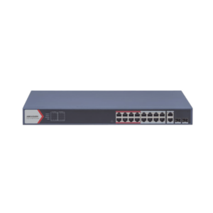 Switch PoE+ | Monitoreable | 16 puertos 10|100 Mbps PoE+ | 2 Puertos 1000 Mbps Uplink | 2 Puertos SFP de Uplink | Configuración Nube Hik-Partner Pro | Modo Extendido hasta 300 metros | 230 W