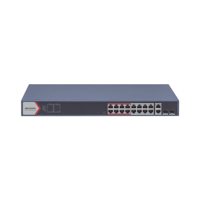Switch PoE+ | Monitoreable | 16 puertos 10|100 Mbps PoE+ | 2 Puertos 1000 Mbps Uplink | 2 Puertos SFP de Uplink | Configuración Nube Hik-Partner Pro | Modo Extendido hasta 300 metros | 230 W
