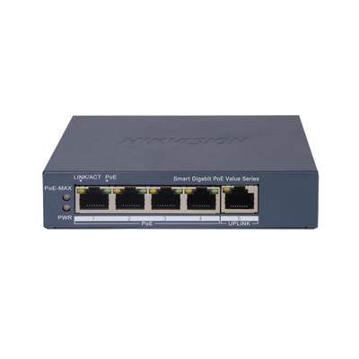Switch Gigabit PoE+ | Monitoreable | 4 Puertos 1000 Mbps PoE+ | 1 Puerto 1000 Mbps Uplink | Configuración Nube Hik-PartnerPro | Modo Extendido hasta 300 Metros | 45 Watts