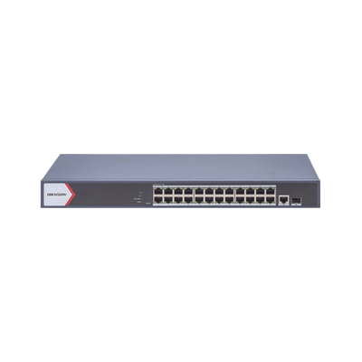 Switch Gigabit PoE+ | Monitoreable | 24 Puertos 1000 Mbps PoE+ | 1 Puerto 100 uplink | 1 Puerto 1000 Mbps Uplink | 1 Puertos SFP Uplink | Configuración Nube desde Hik-PartnerPro | Modo Extendido hasta 300 Metros | 370 W