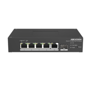 Switch PoE+ Industrial de Escritorio | Administrable | 4 Puertos 10|100 Mbps PoE+ | 1 Puerto 1000 Mbps Uplink | 1 Puertos SFP | Configuración Nube Hik-PartnerPro | Modo Extendido hasta 300 Metros | 60 Watts