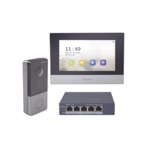 Kit de Videoportero IP + Switch Poe Poe Estandar con llamada a App de Smartphone (HikConnect) | Apertura con tarjeta MIFARE | Frente de calle IP65 | Soporta 1 Departamento