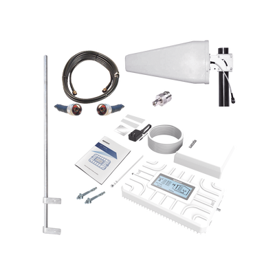 Kit PLUS de Amplificador de Señal Celular 5G | Penta Banda | Soporta 2G, 3G, 4G y 5G | Compatible con TELCEL, AT&T, MOVISTAR y OMV | Cobertura hasta 250 m2 | Incluye Antenas, Jumpers coaxiales y mástil.