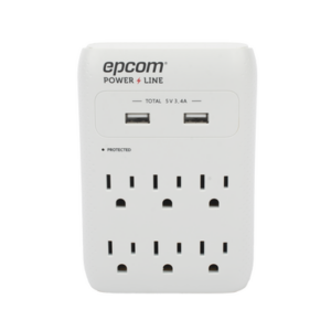 Multicontacto de Pared 110 Vca | Supresor de Picos 1080 Joules | 6 x Nema 5-15P | 2 x USB (5V @3.4A)