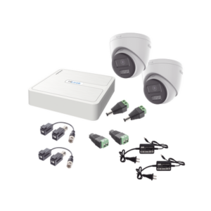 Kit HiLook Audio Bidireccional TurboHD 1080p | DVR 4 Canales | 2 Cámaras Turret (Exterior) con Bocina y Microfóno Integrado | 2 Fuentes de Poder | Accesorios