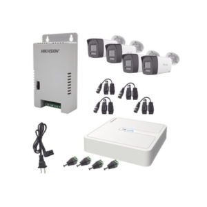 Kit HiLook Audio Bidireccional TurboHD 1080p | DVR Metalico 4 Canales | 4 Cámaras Bala (Exterior) con Bocina y Micrófono Integrado | 1 Fuente de Poder | Accesorios