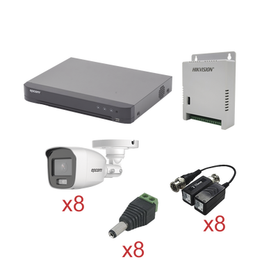 KIT TurboHD con Audio 1080p | DVR 8 Canales | 8 Cámaras Bala (exterior 2.8 mm) | Transceptores | Conectores | Fuente de Poder | AUDIO POR COAXITRON