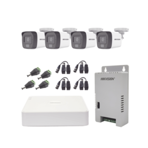 Kit TURBOHD 1080p | DVR 4 Canales | 4 Cámaras con Micrófono Integrado y 101° Visión | Luz Blanca + IR Visión Nocturna | Transceptores | Conectores | Fuente de Poder Profesional Compacta
