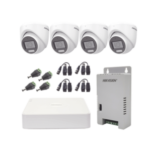 KIT TurboHD 1080p | DVR 4 Canales con audio por coaxitron | 4 Cámaras con Micrófono y 106° Visión| luz blanca + IR visión nocturna | Transceptores | Conectores | Fuente de Poder Profesional