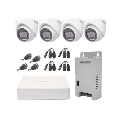 KIT TurboHD 1080p | DVR 4 Canales con audio por coaxitron | 4 Cámaras con Micrófono y 106° Visión| luz blanca + IR visión nocturna | Transceptores | Conectores | Fuente de Poder Profesional