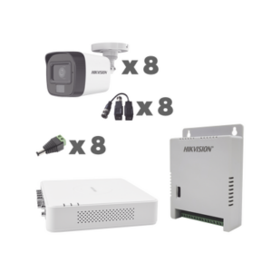 KIT TurboHD 1080p | DVR 8 Canales con audio por coaxitron | 8 Cámaras con Micrófono Integrado 101° Visión| luz blanca + IR visión nocturna | Transceptores | Conectores | Fuente de Poder Profesional