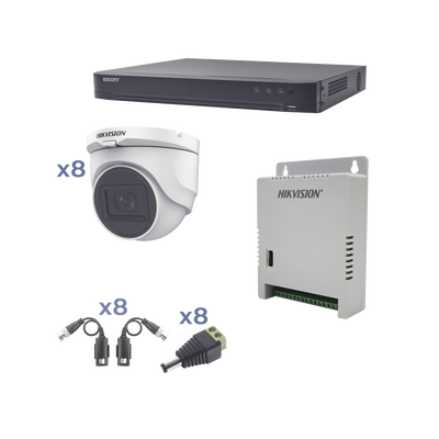 Kit TURBOHD 1080p | DVR 8 Canales | 8 Cámaras Turret (exterior 2.8 mm) | Conectores | Transceptores | Fuente de Poder Profesional hasta 15 Vcc para Larga Distancia
