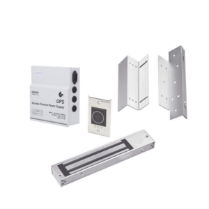 Kit para control de acceso incluye Fuente de 12VCD con respaldo de batería| Chapa magnética de 600Lbs | Montajes L y Z | Botón de salida