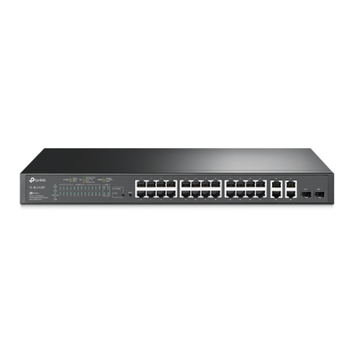 Switch PoE+ JetStream SDN Administrable 24 puertos 10|100 Mbps + 2 puertos 10|100|1000 Mbps (Uplink) + 2 puertos SFP (combo 2 RJ45 10|100|1000 Mbps), 250W, administración centralizada OMADA SDN