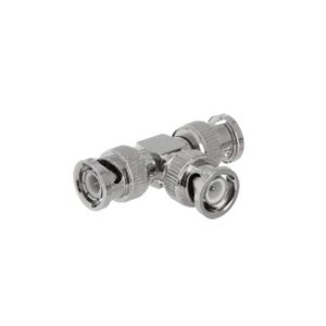 Adaptador de Triple conectores BNC macho para uso en sistemas de video vigilancia en aplicación con cables coaxiales RG-59| RG-6, Níquel| Oro| Politetrafluoroetileno.
