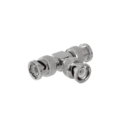 Adaptador de Triple conectores BNC macho para uso en sistemas de video vigilancia en aplicación con cables coaxiales RG-59| RG-6, Níquel| Oro| Politetrafluoroetileno.