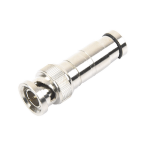 Conector BNC Macho en 75 Ohm, de Compresión Axial para Cable Coaxial RG-59|U, Níquel| Oro| Politetrafluoroetileno.