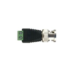 Adaptador de conector BNC macho a 2 terminales-tornillo para cables AWG-26-14, en aplicaciones Video Vigilancia, Níquel| Oro| PTFE y PVC.