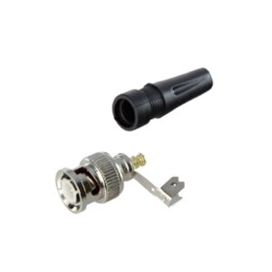 Conector BNC macho en 75 Ohm, para cable coaxial RG-59 | Con base de alivio negra de PVC, Níquel| Oro| PTFE.