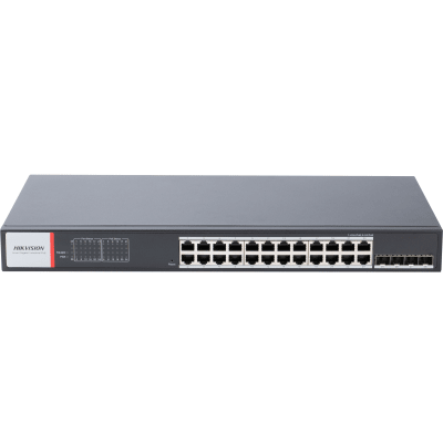 Switch Gigabit PoE+ | Administrable | 24 Puertos 1000 Mbps PoE+ | 4 Puertos SFP | Configuración Nube Hik-PartnerPro | Modo Extendido hasta 300 Metros | 370 W