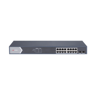 Switch Gigabit PoE+ | Administrable | 16 Puertos 1000 Mbps PoE+ | 2 Puertos SFP | Configuración Nube desde Hik-ParnerPro | PoE hasta 300 Metros | 225 Watts