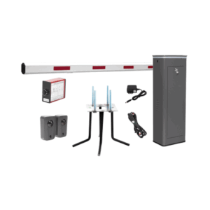 Kit COMPLETO Barrera Izquierda XBS Con Corona LED | Brazo de 5.5 Metros | Incluye Sensor de Masa, Transformador, Lazo Magnético, Ancla, Fotoceldas y 2 Controles Inalámbricos