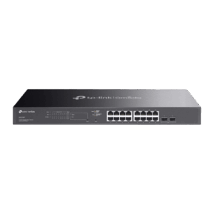 Switch Smart Omada 18 Puertos Gigabit | 16 Puertos PoE+ 802.3af|at | 2 Ranuras SFP Gigabit | Presupuesto PoE 150 W | Switching 36 Gbps | Enrutamiento Estático L2+ | Gestión Cloud SDN | Fanless | Montable en Rack