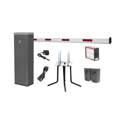 Kit COMPLETO Barrera Derecha XBS Con Corona LED | Brazo de 5.5 Metros | Incluye Sensor de Masa, Transformador, Lazo Magnético, Ancla, Fotoceldas y 2 Controles Inalámbricos