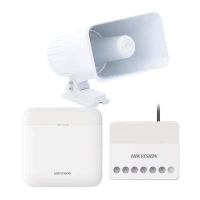 (AXPRO) KIT de alarma AX PRO con sirena cableada 30W | Incluye: 1 Hub con Batería de respaldo | 1 Sirena Cableada de 30 Watts IP65 | 1 Relevador Inalámbrico 0 a 36 VCC | Compatible con Hik-Connect P2P