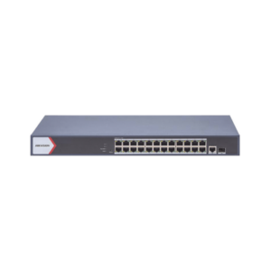 Switch Gigabit PoE+ | Monitoreable | 24 Puertos 1000 Mbps PoE+ | 1 Puerto 100 uplink | 1 Puerto 1000 Mbps Uplink | 1 Puertos SFP Uplink | Configuración Nube desde Hik-PartnerPro | Modo Extendido hasta 300 Metros | 370 W