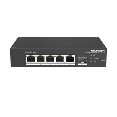 Switch PoE+ Industrial de Escritorio | Administrable | 4 Puertos 10|100 Mbps PoE+ | 1 Puerto 1000 Mbps Uplink | 1 Puertos SFP | Configuración Nube Hik-PartnerPro | Modo Extendido hasta 300 Metros | 60 Watts