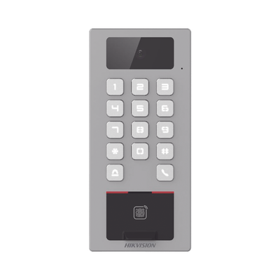 (PoE | 2 Relays) Terminal de Control de Acceso | Videoportero Multiapartamento Llamada a App | Teclado | Exterior Antivandálico IP65 & IK09 | Huella, Tarjeta, Código QR, PIN o App Hik-Connect | Cámara 2 MP compatible con NVRs
