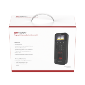 Kit de Control de Acceso TODO INCLUIDO con Lector de Huellas y Tarjetas | 3,000 Huellas | Compatible con App Hik-Connect | Incluye Electroimán Botón de Salida y Montajes Z y L para imán (DS-K1T804)