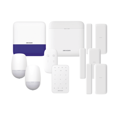 (AX PRO) KIT de Alarma AX PRO | Incluye: 1 Hub con batería de respaldo| 2 Sensores PIR | 3 Contactos Magnéticos mini | 1 Control Remoto | 1 Sirena Inalambrica Exterior |1 Teclado Inalámbrico | WiFi | Compatible con Hik-Connect P2P