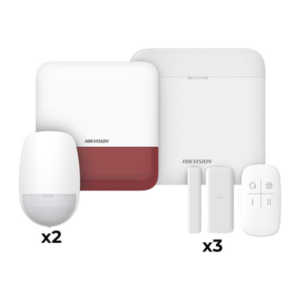 (AX PRO) KIT de Alarma AX PRO | Incluye: 1 Hub con batería de respaldo | 2 Sensores PIR | 3 Contactos Magnéticos mini | 1 Control Remoto | 1 Sirena Inalambrica Exterior color rojo | WiFi | Compatible con Hik-Connect P2P