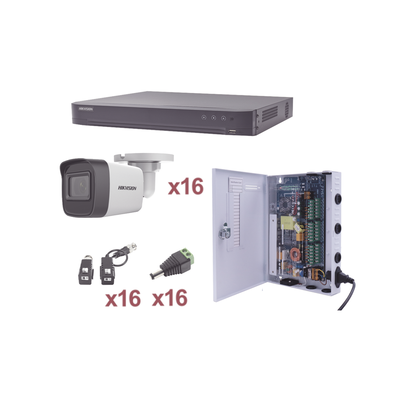 KIT TurboHD 1080p | DVR 16 Canales | 16 Cámaras Bala (exterior 2.8 mm) | Transceptores | Conectores | Fuente de Poder Profesional