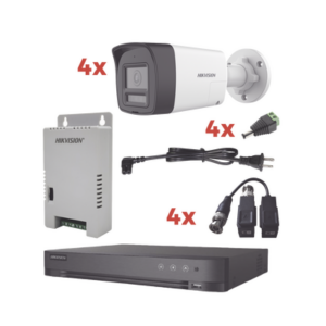Kit Audio Bidireccional TurboHD 1080p | DVR 4 Canales | 4 Cámaras Bala (Exterior) con Bocina y Microfóno Integrado | 1 Fuente de Poder | Accesorios