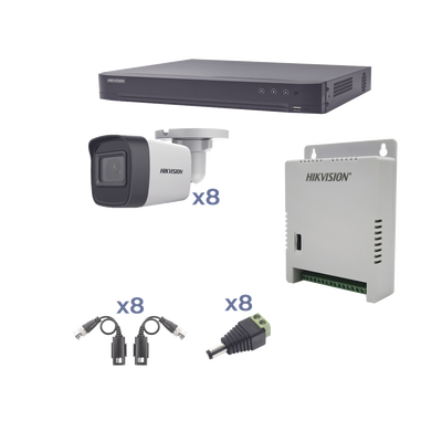 KIT TurboHD 1080p | DVR 8 Canales | 8 Cámaras Bala (exterior 2.8 mm) | Transceptores | Conectores | Fuente de Poder Profesional hasta 15 Vcc para Larga Distancia