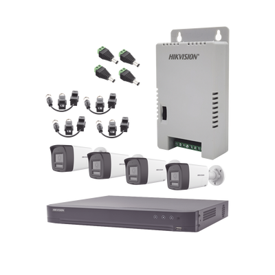Kit Audio Bidireccional TurboHD 3K Real | DVR 4 Canales 4K | 4 Cámaras Bala (Exterior) con Bocina y Microfóno Integrado 3K | 1 Fuentes de Poder | Accesorios