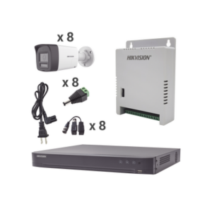 Kit Audio Bidireccional TurboHD 4K-3K | DVR 8 Canales 4K | 8 Cámaras Bala (Exterior) con Bocina y Microfóno Integrado 3K | 1 Fuentes de Poder | Accesorios