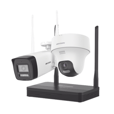 Kit IP Inalámbrico 2 Megapíxel | NVS 4 Canales | 1 Cámara Bala Exterior + 1 Cámara Turret Interior con Lente 2.8 mm y Dual Light | Audio Bidireccional (Micrófono y Bocina) | Soporta Micro SD de 512 GB