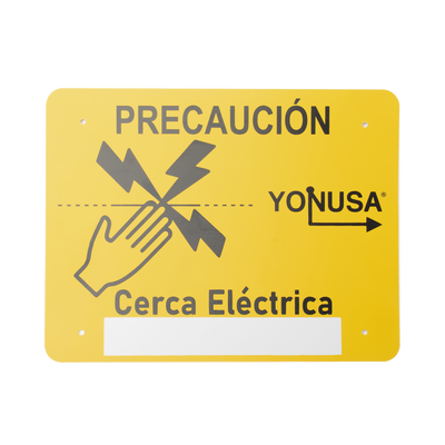 Letrero de PRECAUCION para cercas electrificadas (21.8 x 17 cm) | Estireno Serigrafiado 2 Tintas | Protección UV | 4 Perforaciones