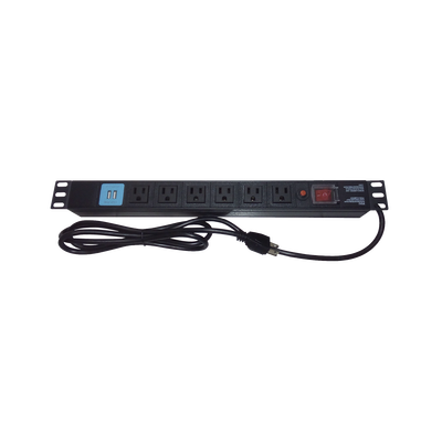 Tomacorriente Horizontal (PDU) de 6 contactos (NEMA 5-15R) + 2 USB para instalación en Rack de 19", 1UR, 125 Vca| 15 A (THE0040091001001)